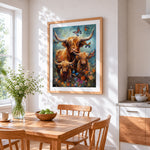Highland cow family and butterflies paint by numbers artwork displayed on wall as home decor