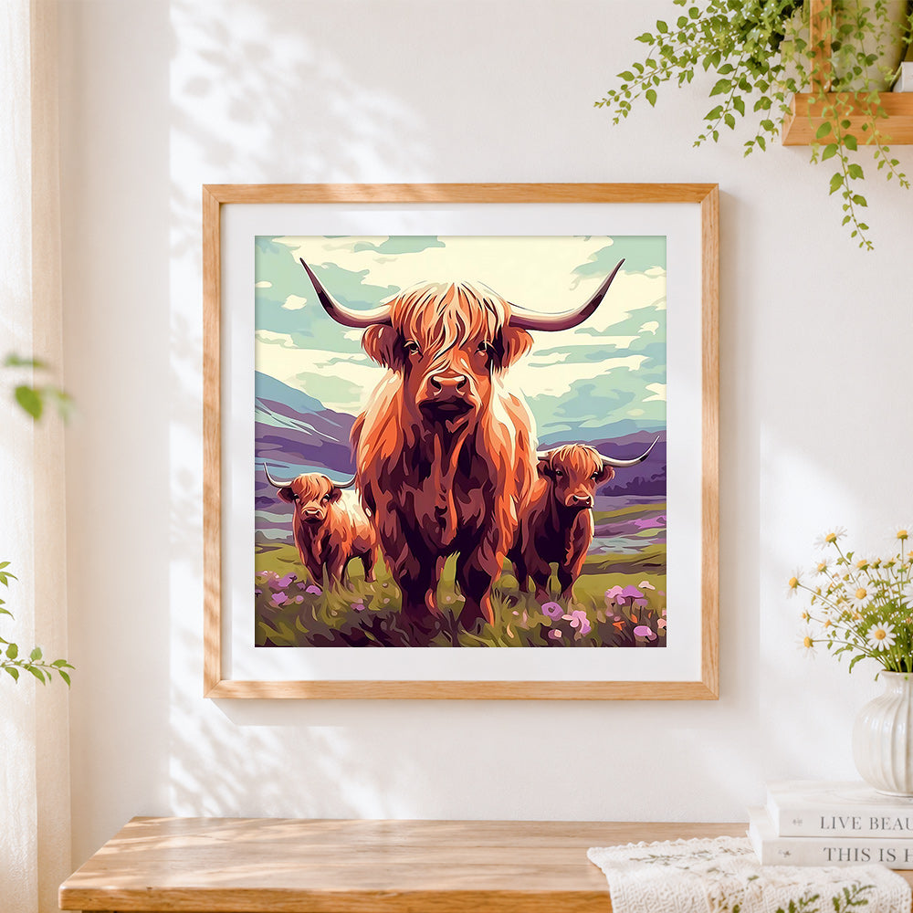 Finished highland cow family in the mountains cross stitch artwork displayed