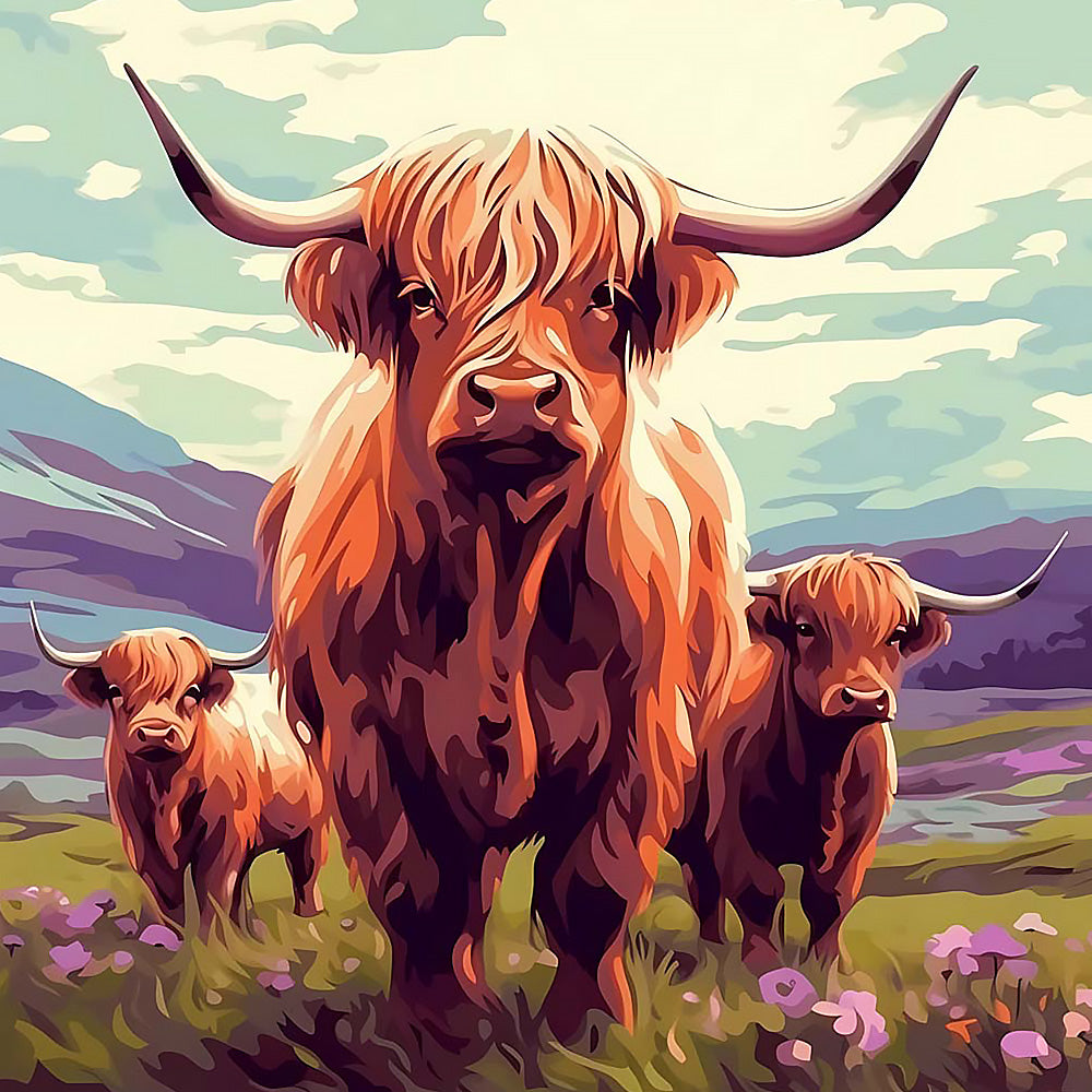 Highland cow family in the mountains cross stitch kit for beginners
