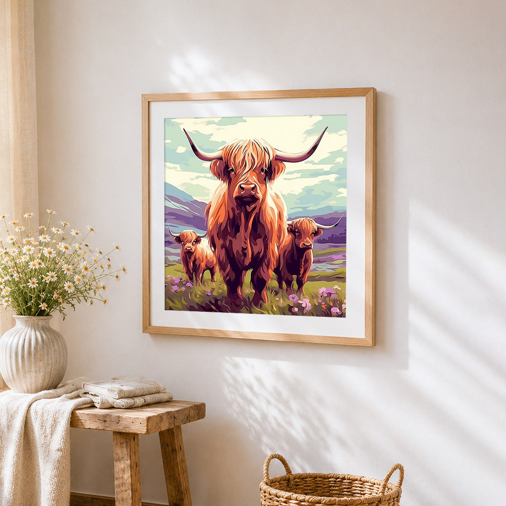 Highland cow family in the mountains cross stitch artwork displayed on wall as home decor