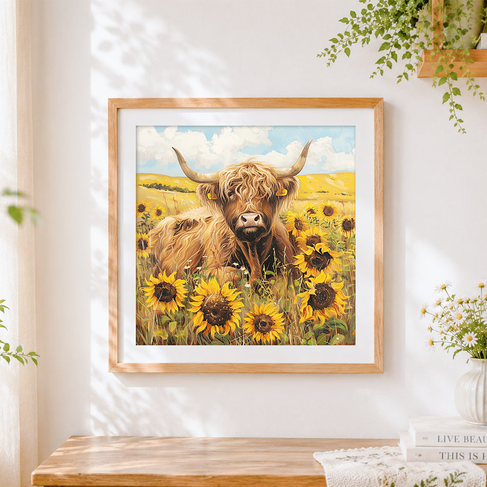 Finished highland cow in a sunflower field cross stitch artwork displayed