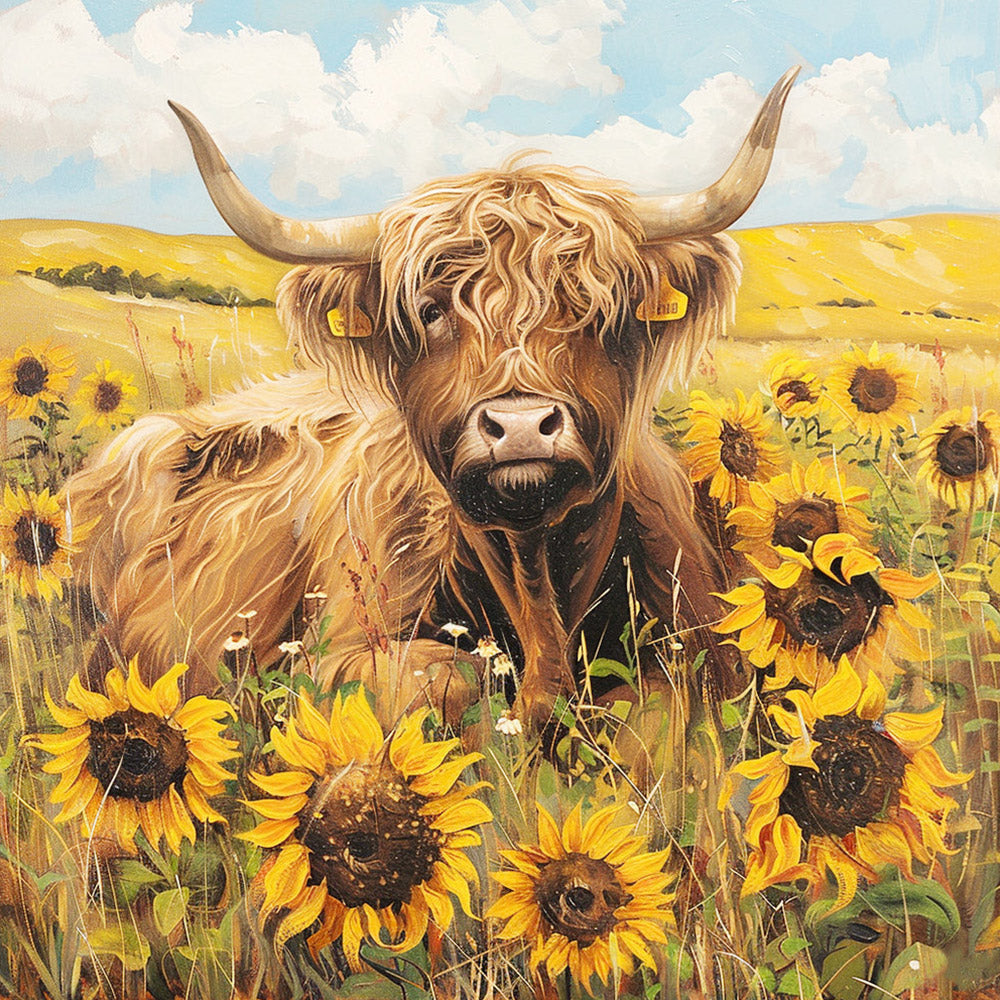 Highland cow in a sunflower field cross stitch kit for beginners