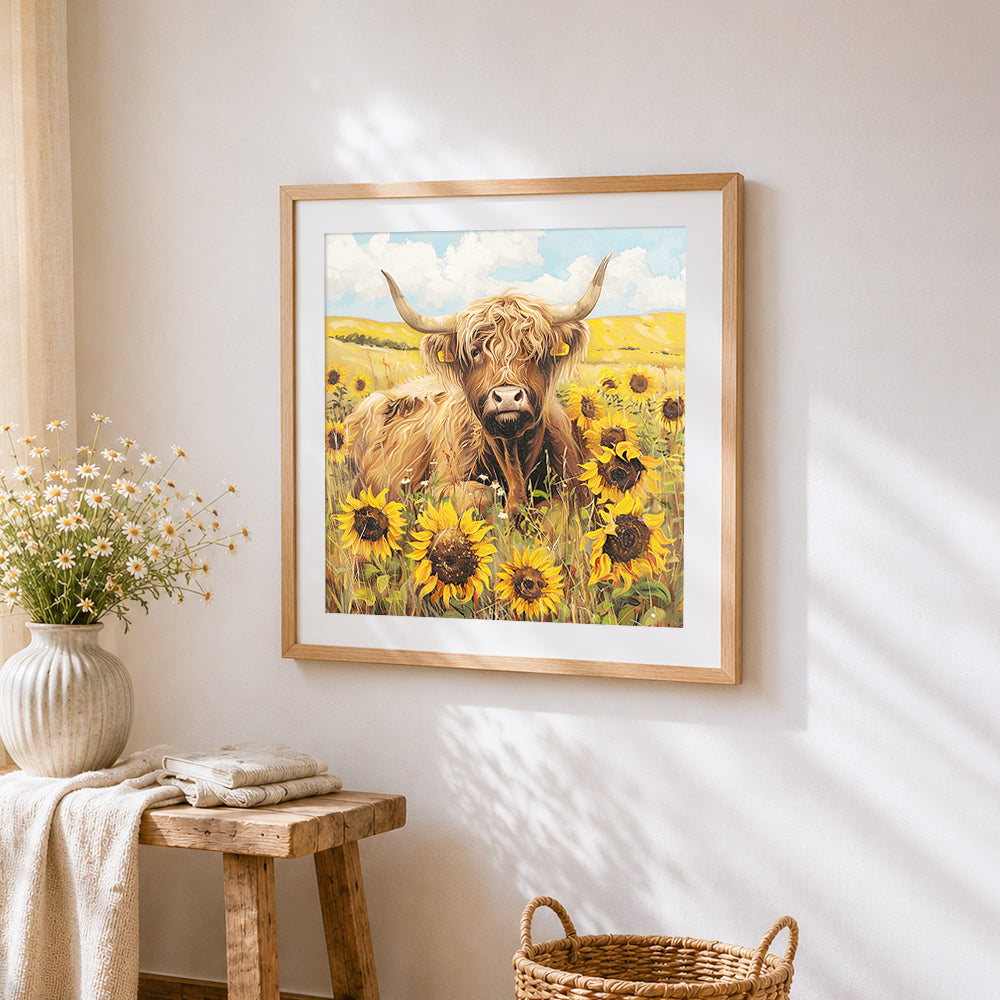 Highland cow in a sunflower field cross stitch artwork displayed on wall as home decor
