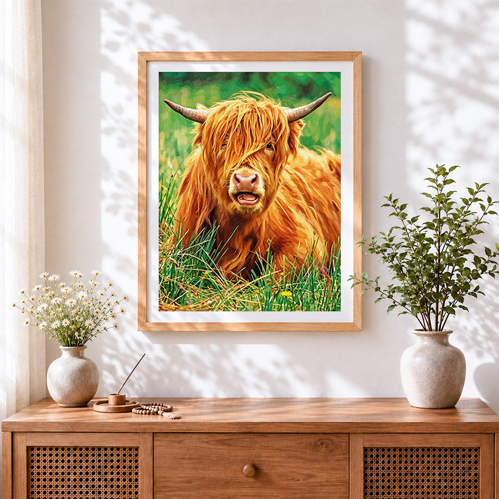 Finished highland cow in grass cross stitch artwork displayed