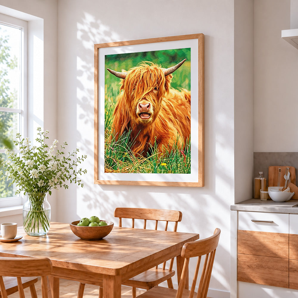 Highland cow in grass cross stitch artwork displayed on wall as home decor
