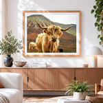 Finished highland cow in mountains cross stitch artwork displayed