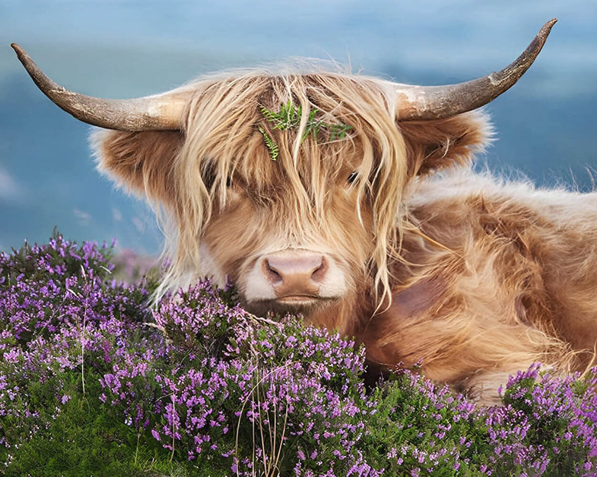 Highland cow in purple heather paint by numbers kit for beginners