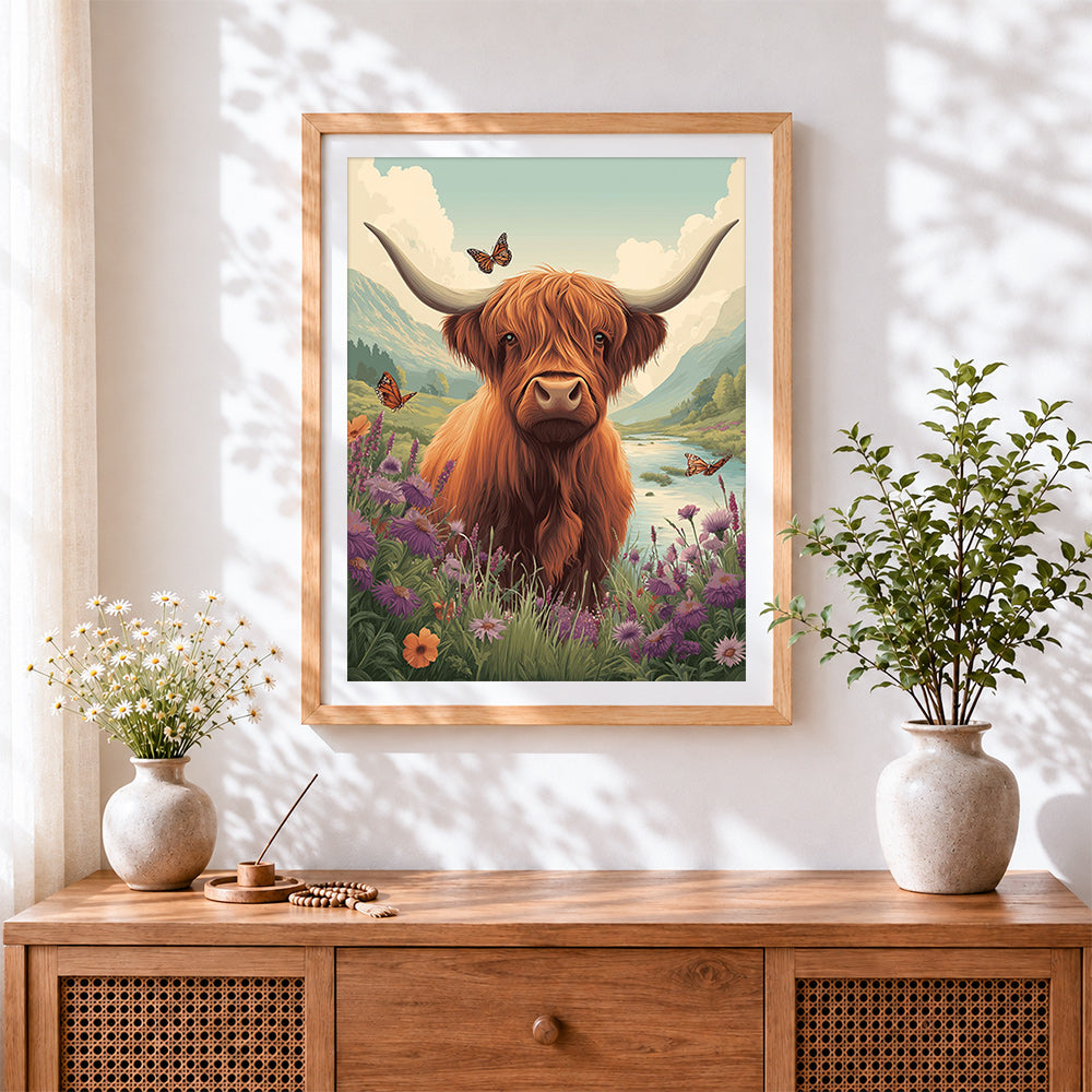 Finished highland cow in wildflower valley paint by numbers artwork displayed as home decor