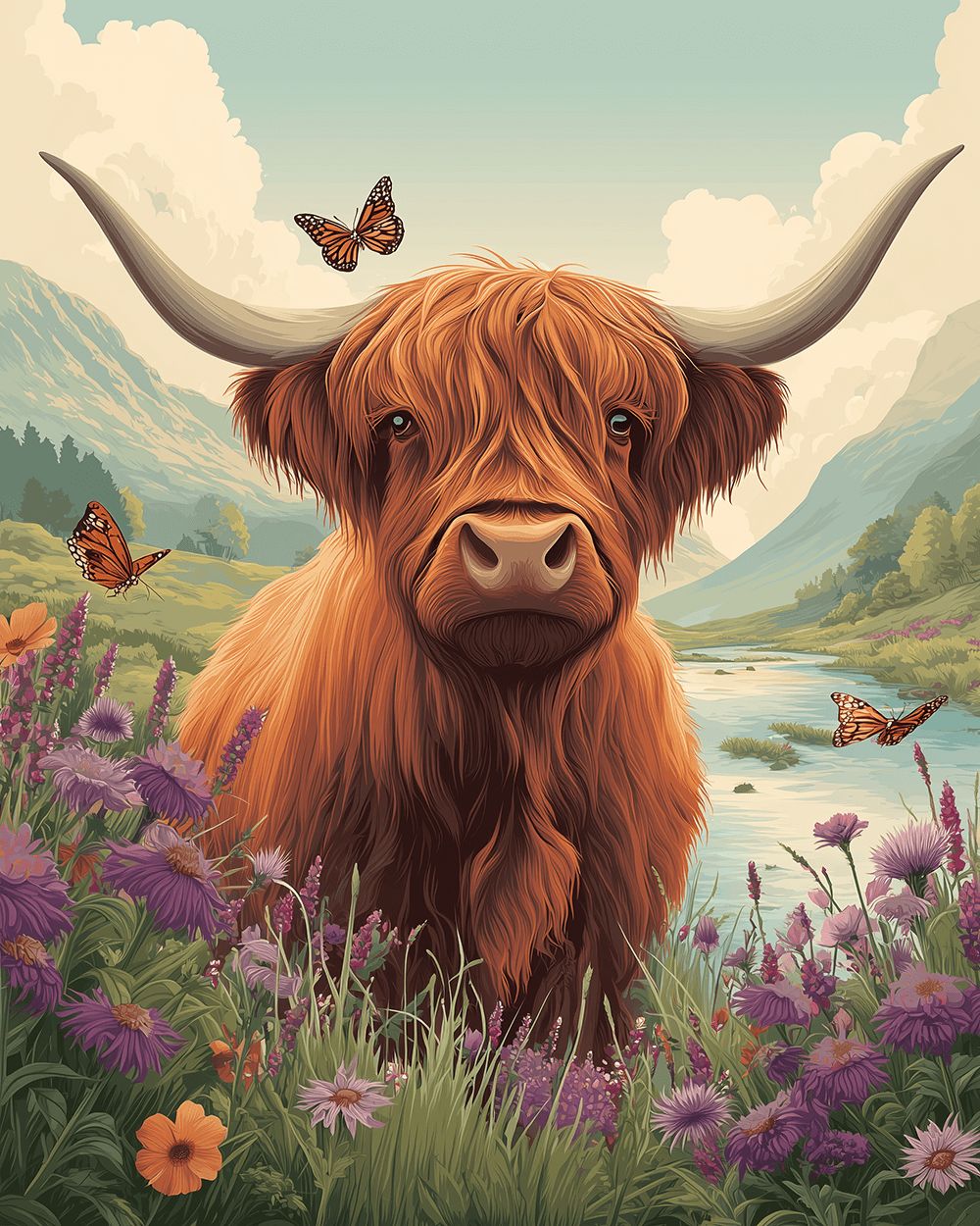 Highland cow in wildflower valley paint by numbers kit for beginners