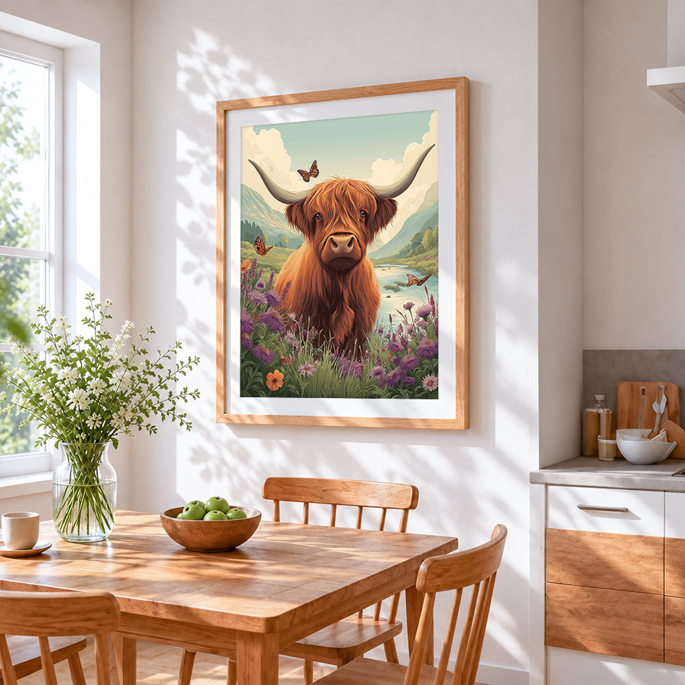 Highland cow in wildflower valley paint by numbers artwork displayed on wall as home decor