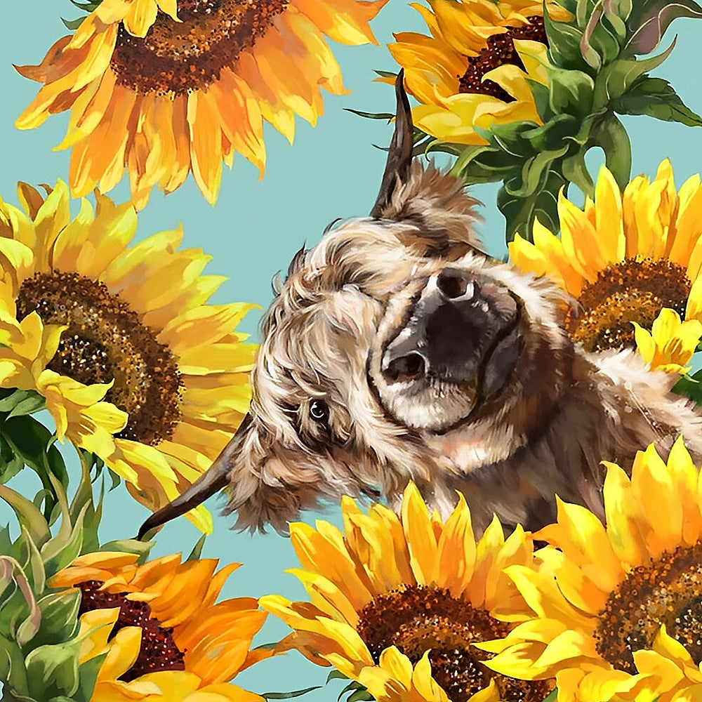Highland cow surrounded by sunflowers cross stitch kit for beginners