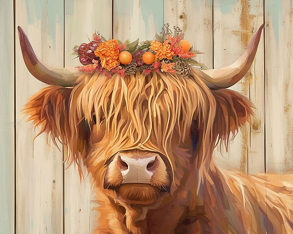 Highland cow with autumn floral crown cross stitch kit for beginners