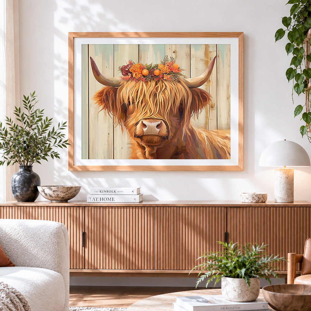 Finished highland cow with autumn floral crown paint by numbers artwork displayed as home decor