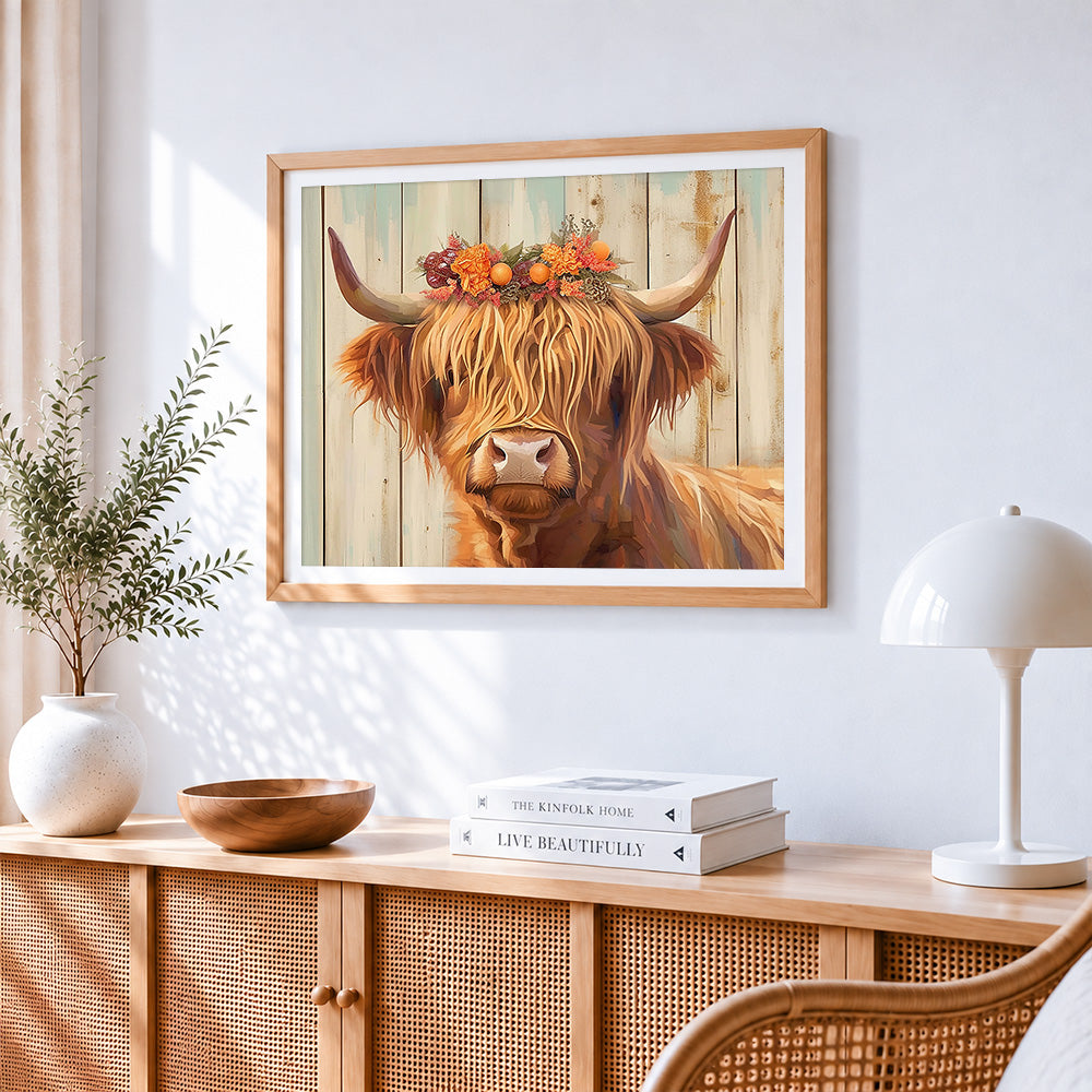 Highland cow with autumn floral crown paint by numbers artwork displayed on wall as home decor
