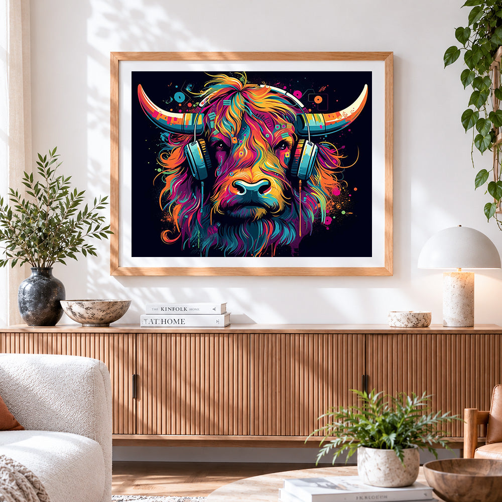 Finished highland cow with headphones cross stitch artwork displayed