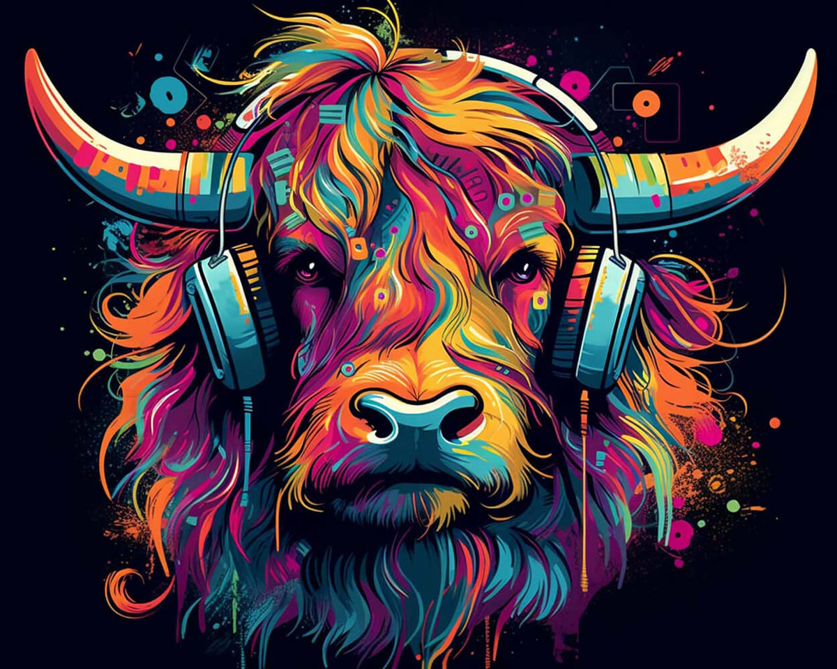 Highland cow with headphones cross stitch kit for beginners