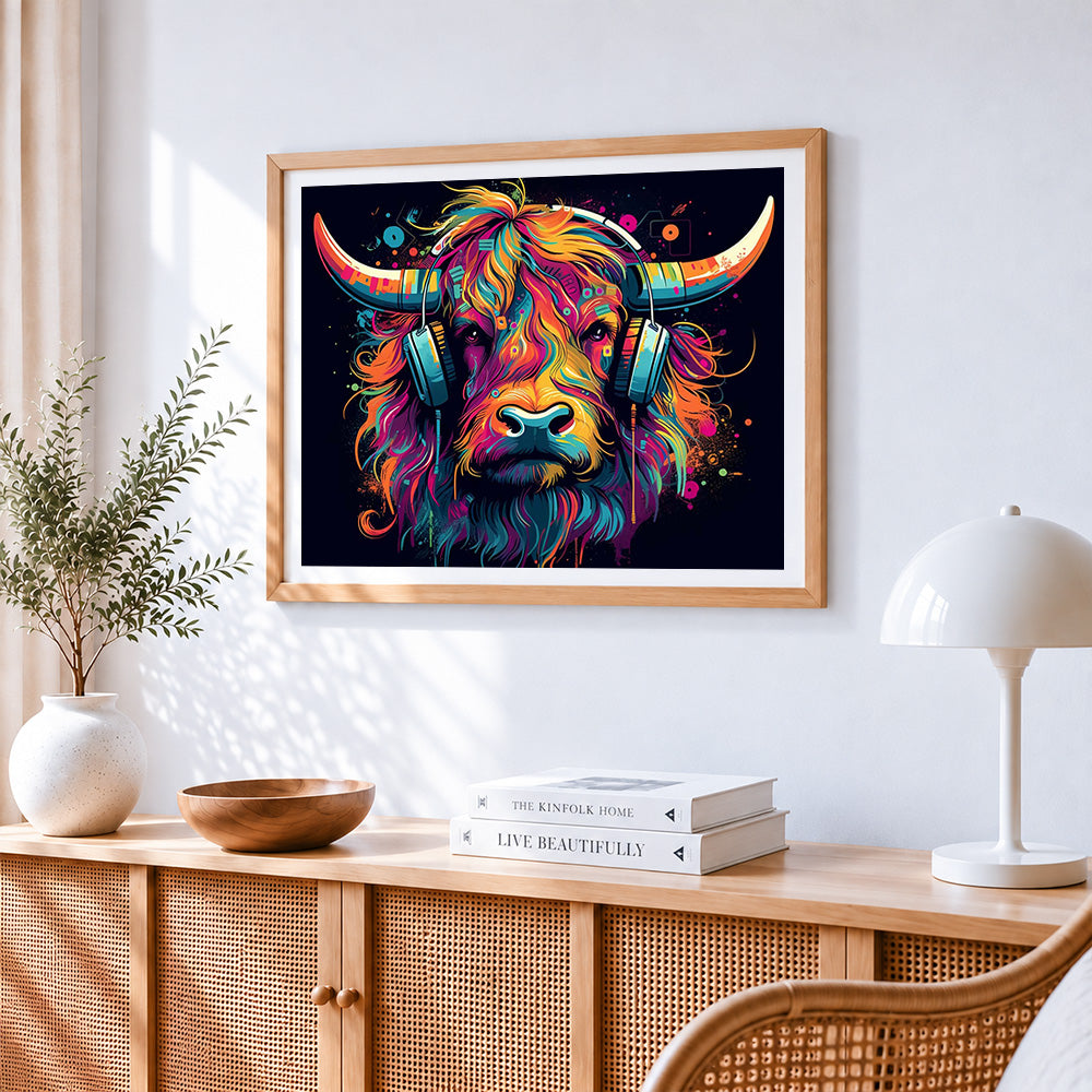 Highland cow with headphones paint by numbers artwork displayed on wall as home decor