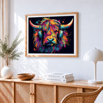 Highland cow with headphones paint by numbers artwork displayed on wall as home decor