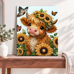 Finished highland cow with sunflower crown pearl diamond painting artwork displayed as home decor