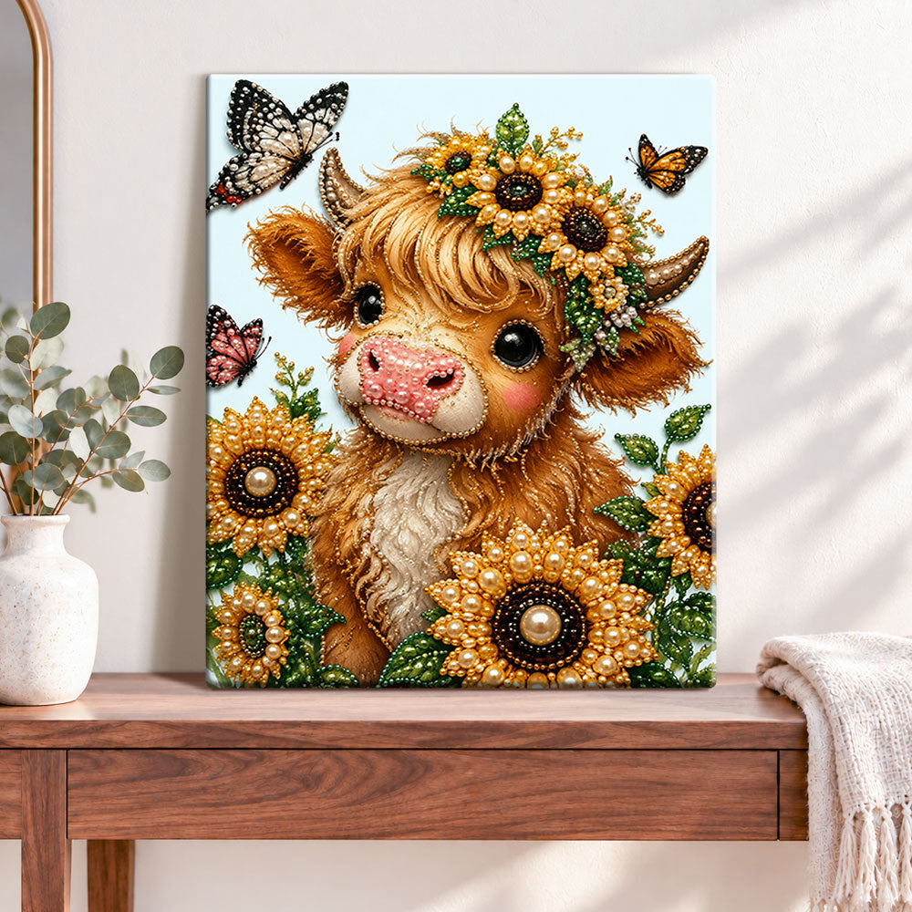 Finished highland cow with sunflower crown pearl diamond painting artwork displayed as home decor
