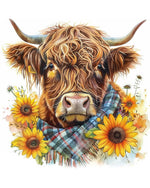 Highland cow with sunflowers and tartan scarf cross stitch kit for beginners