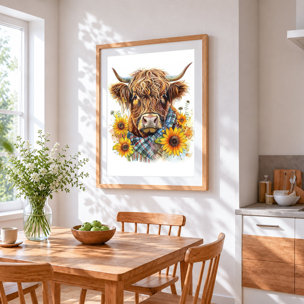 Highland cow with sunflowers and tartan scarf cross stitch artwork displayed on wall as home decor