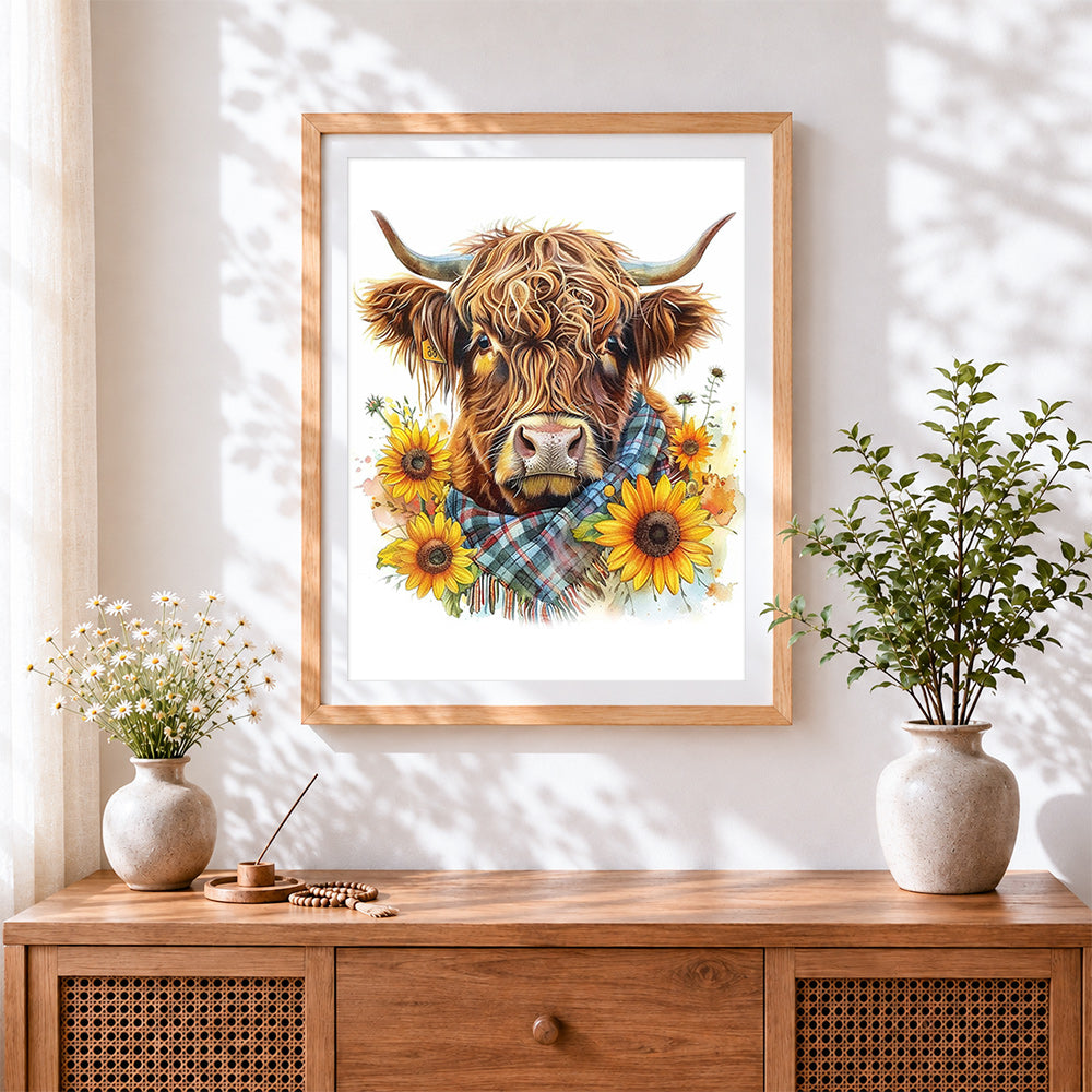 Finished highland cow with sunflowers and tartan scarf paint by numbers artwork displayed as home decor