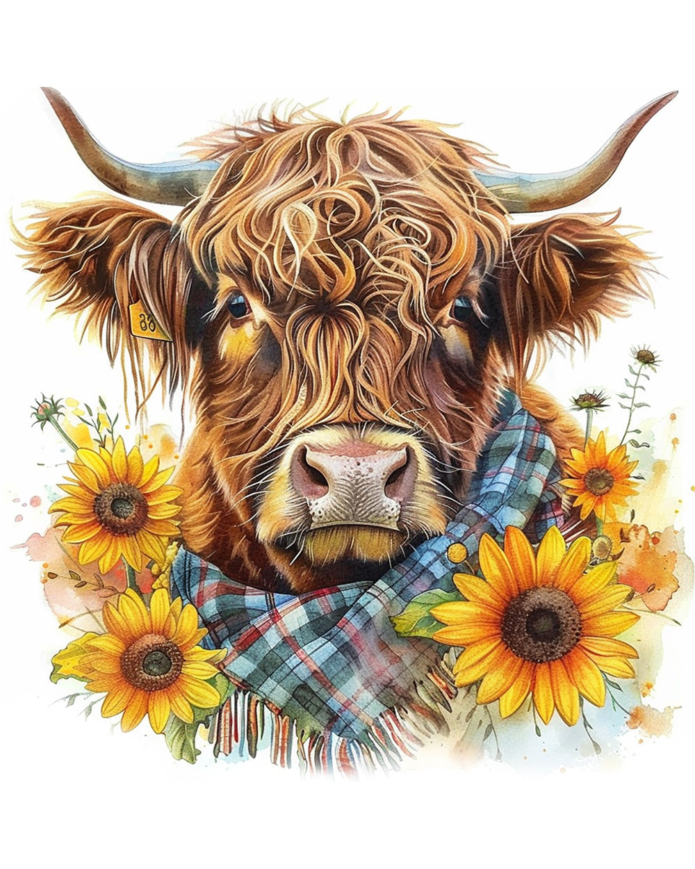 Highland cow with sunflowers and tartan scarf paint by numbers kit for beginners