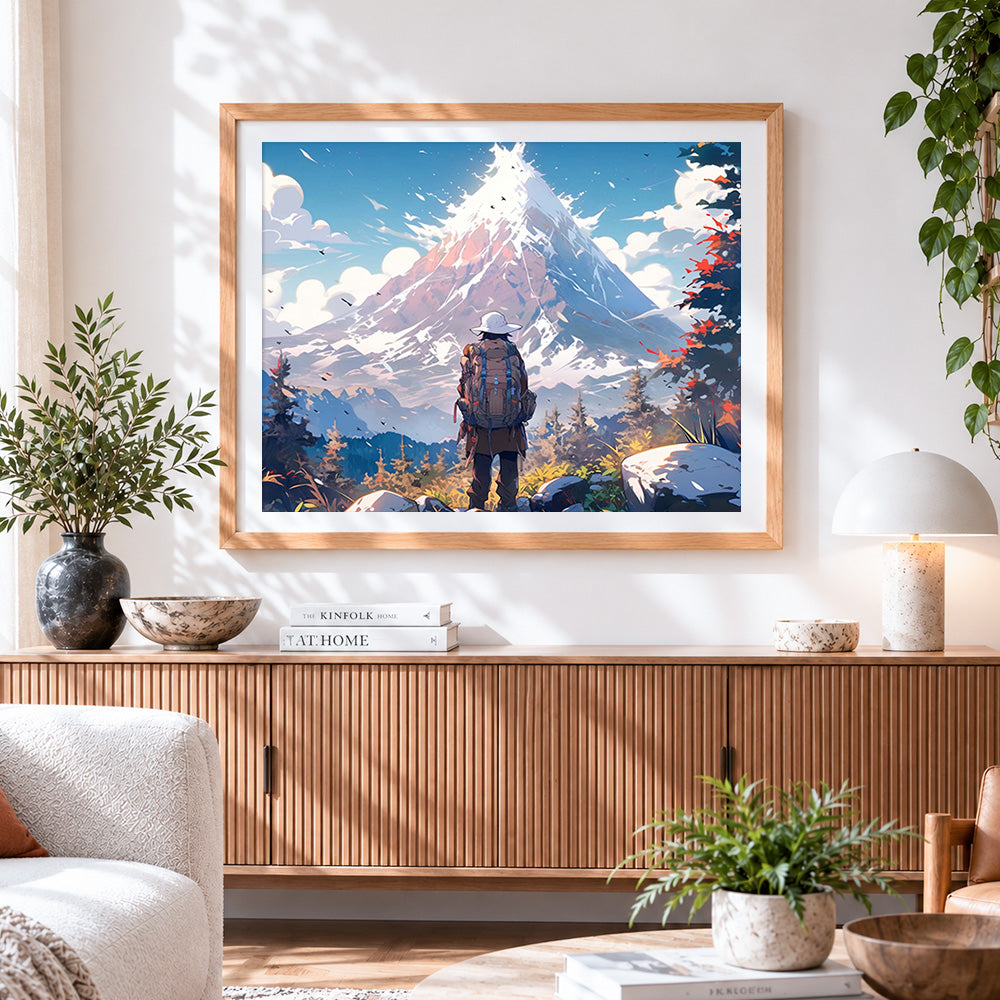 Finished hiker facing snowy mountain cross stitch artwork displayed