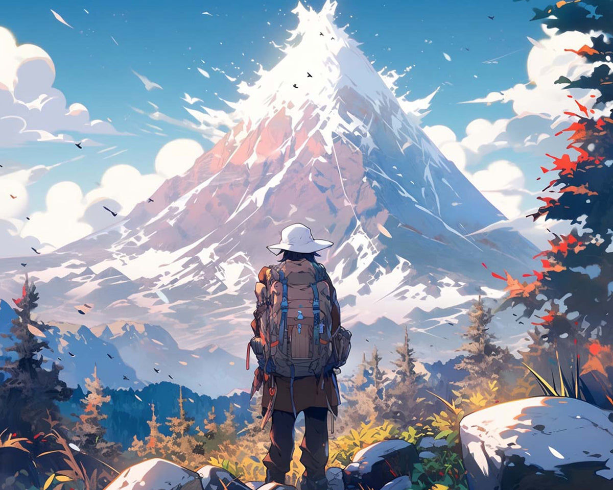 Hiker facing snowy mountain cross stitch kit for beginners
