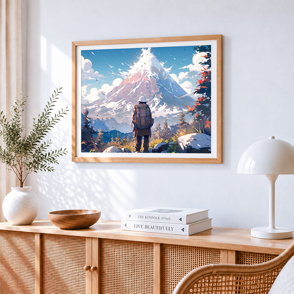Hiker facing snowy mountain cross stitch artwork displayed on wall as home decor