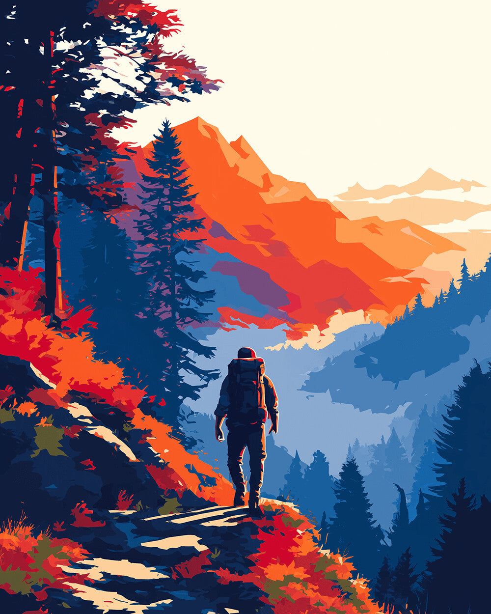 Hiker in autumn mountains cross stitch kit for beginners