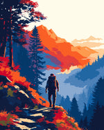 Hiker in autumn mountains cross stitch kit for beginners
