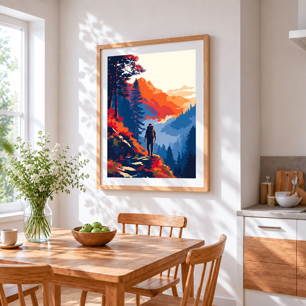 Hiker in autumn mountains cross stitch artwork displayed on wall as home decor