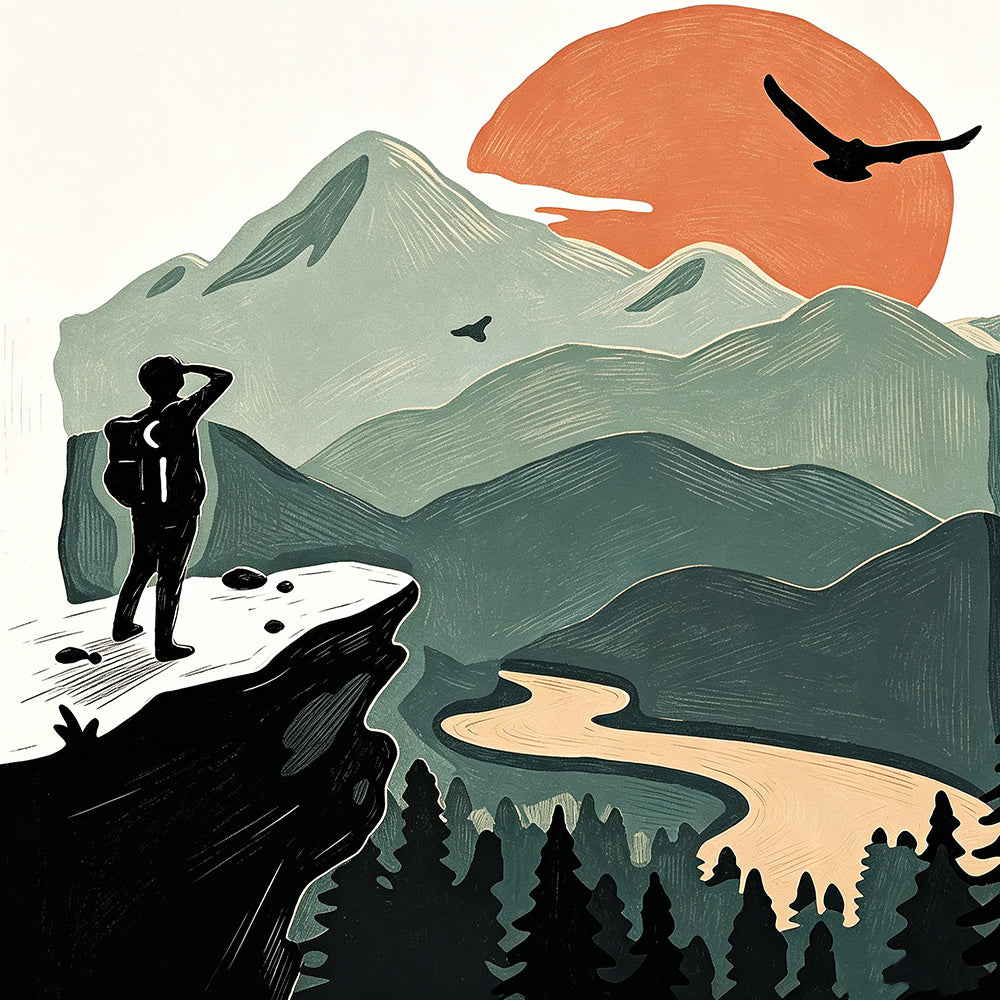 Hiker on cliff at sunset cross stitch kit for beginners