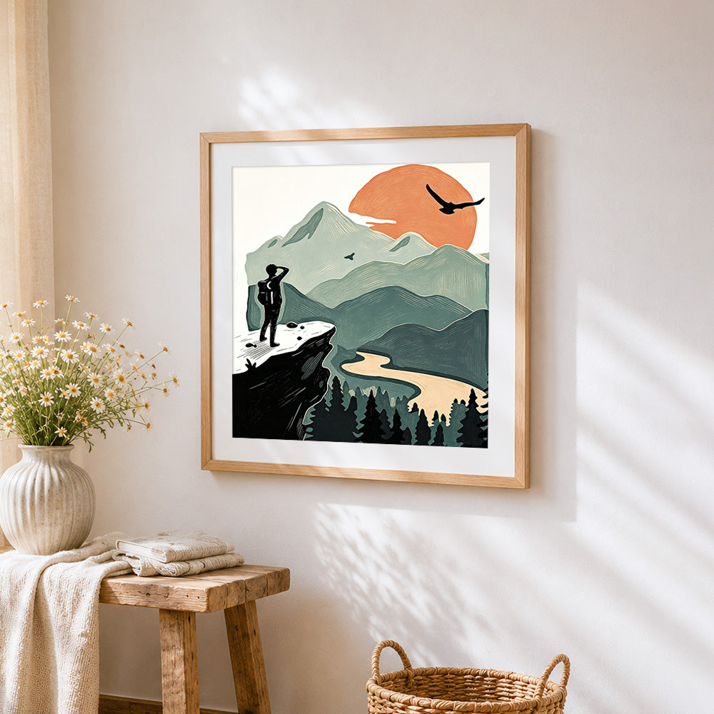 Hiker on cliff at sunset cross stitch artwork displayed on wall as home decor