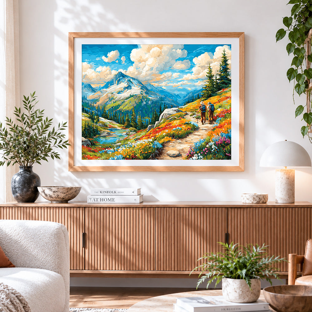 Finished hikers on wildflower mountain paint by numbers artwork displayed as home decor