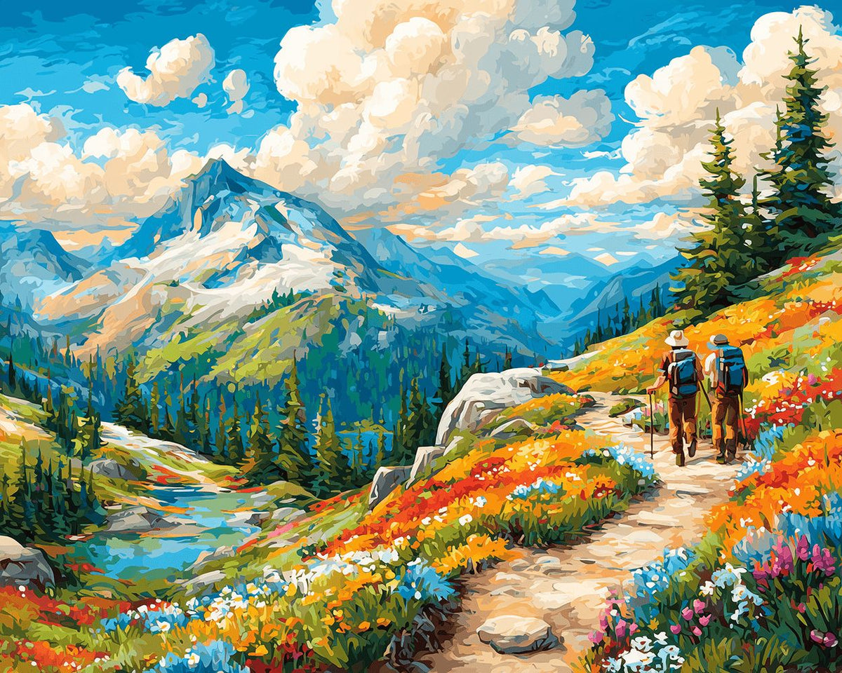 Hikers on wildflower mountain paint by numbers kit for beginners