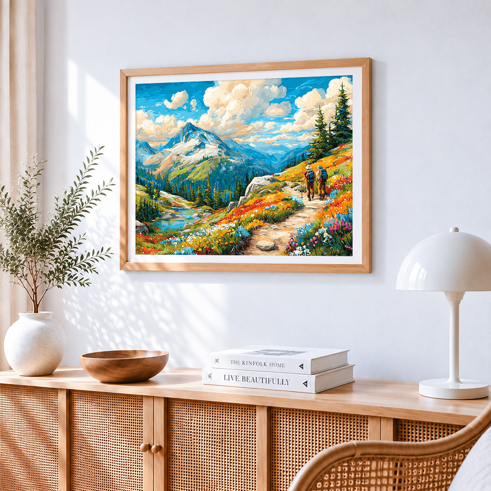 Hikers on wildflower mountain paint by numbers artwork displayed on wall as home decor