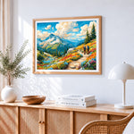 Hikers on wildflower mountain paint by numbers artwork displayed on wall as home decor