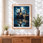 Finished hogwarts castle by moonlight cross stitch artwork displayed
