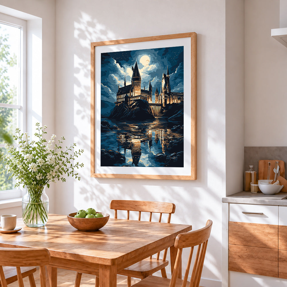Hogwarts castle by moonlight cross stitch artwork displayed on wall as home decor