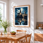 Hogwarts castle by moonlight cross stitch artwork displayed on wall as home decor