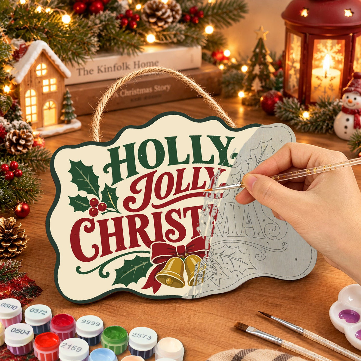 Holly jolly christmas paint by numbers door hanger painting process