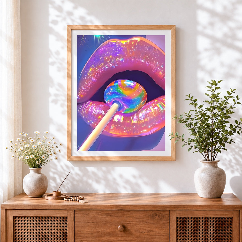 Finished holographic lips with lollipop cross stitch artwork displayed