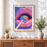 Finished holographic lips with lollipop cross stitch artwork displayed