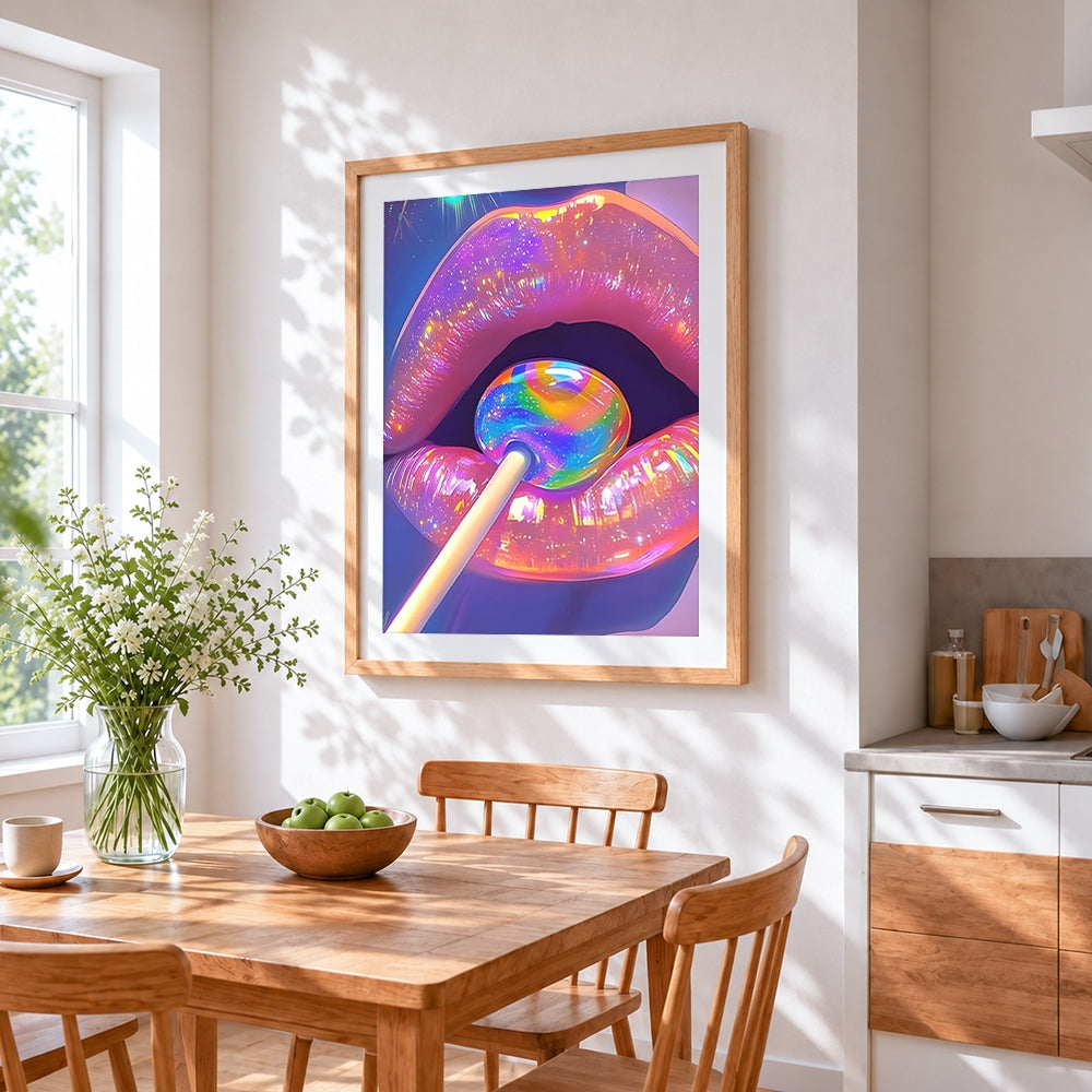 Holographic lips with lollipop cross stitch artwork displayed on wall as home decor