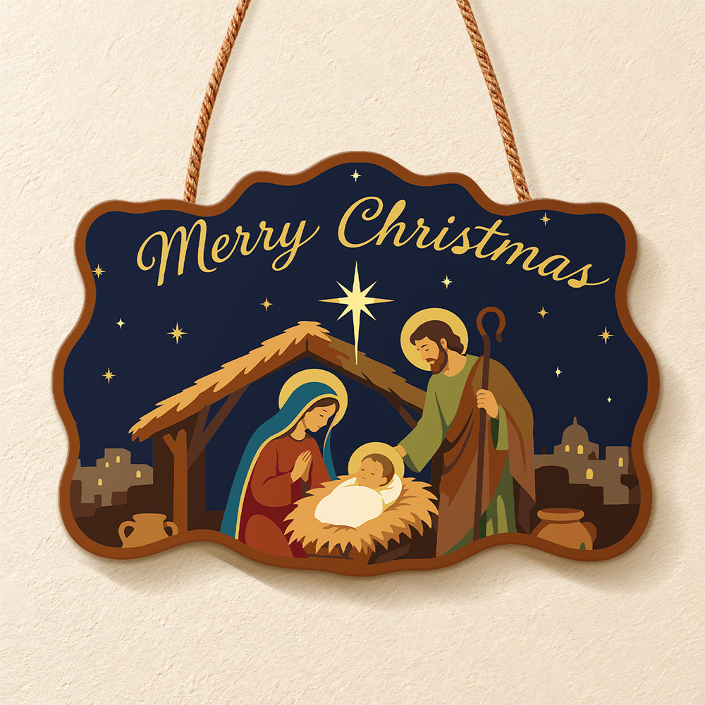 Holy family under star paint by numbers door hanger finished design