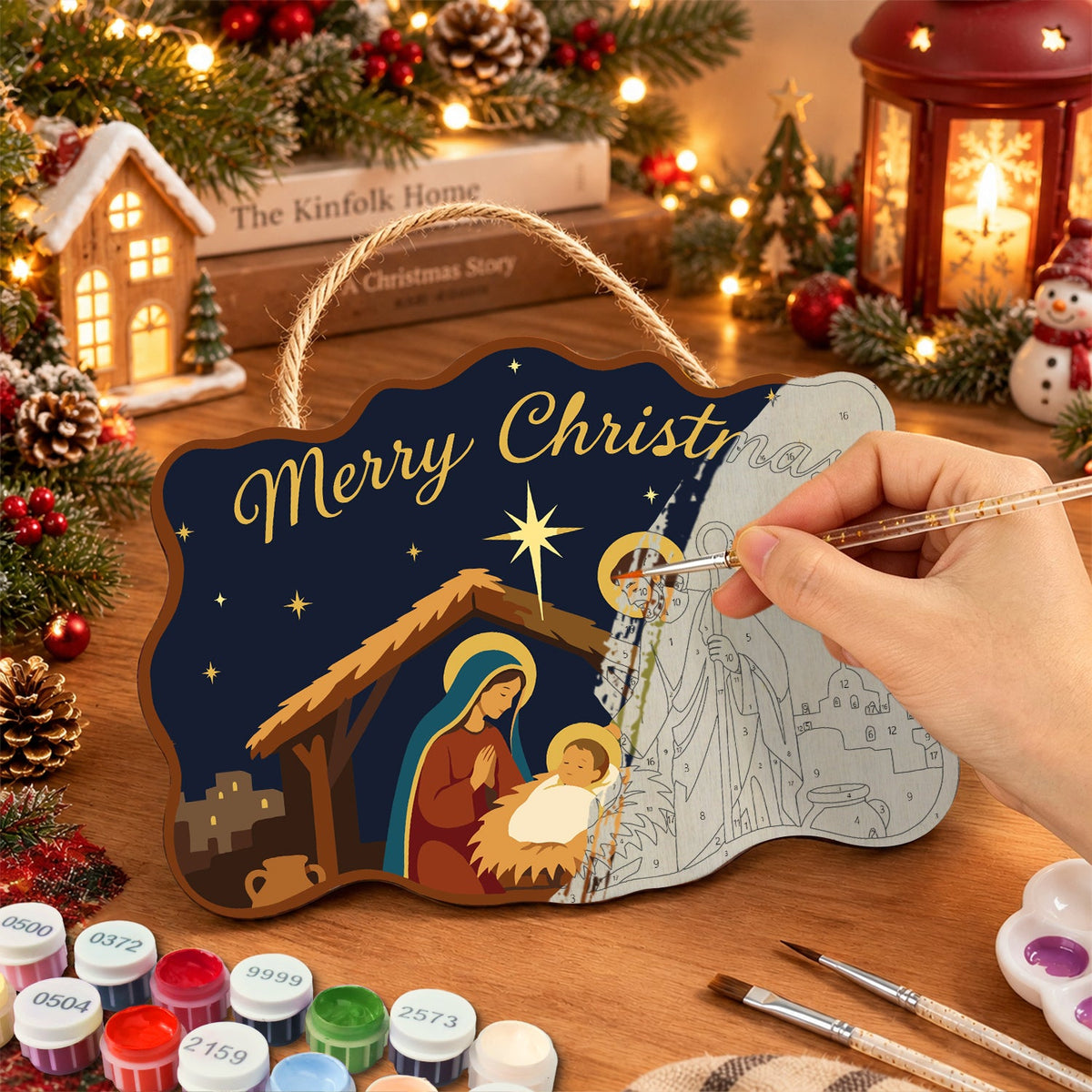 Holy family under star paint by numbers door hanger painting process