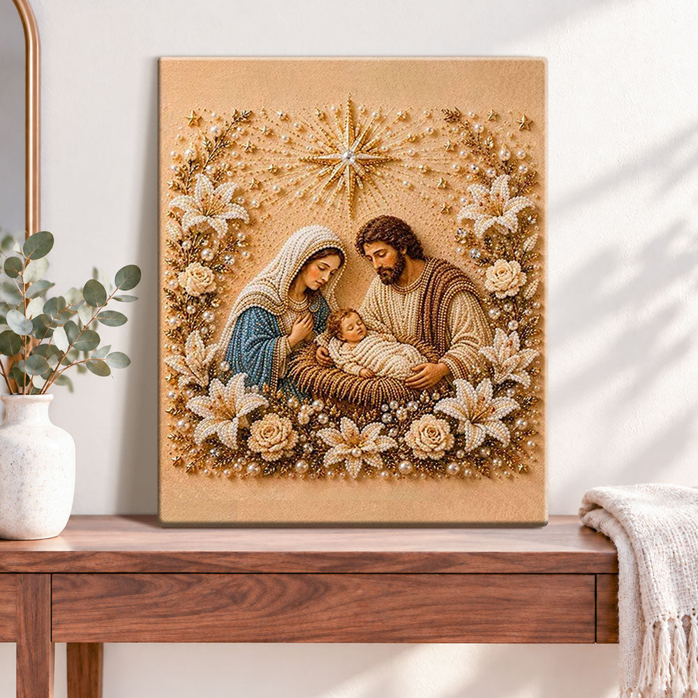 Finished holy family with lilies pearl diamond painting artwork displayed as home decor